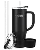 Renoj Tumbler with Handle 100% Leak Proof Insulated Water Bottle for Iced Coffee & Hot Drinks - Fits Car Cup Holder, Ideal Gift, 2 Straws & Silicone Boot BPA-Free - SnapShift Black 32 oz